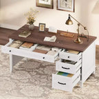 Bureau de direction avec tiroirs, bureau d'ordinateur de style rustique avec station de charge, bureau d'ordinateur en bois de 136 cm avec rangement pour dossiers