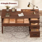 Bureau de direction avec tiroirs, bureau d'ordinateur de style rustique avec station de charge, bureau d'ordinateur en bois de 136 cm avec rangement pour dossiers