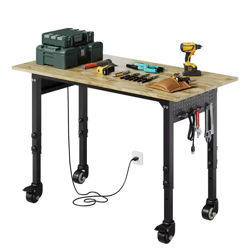 COZONY Établi Robuste avec Prise de Courant, Plateau en Bois Réglable en Hauteur, Table de Travail Roulante pour Atelier de Garage