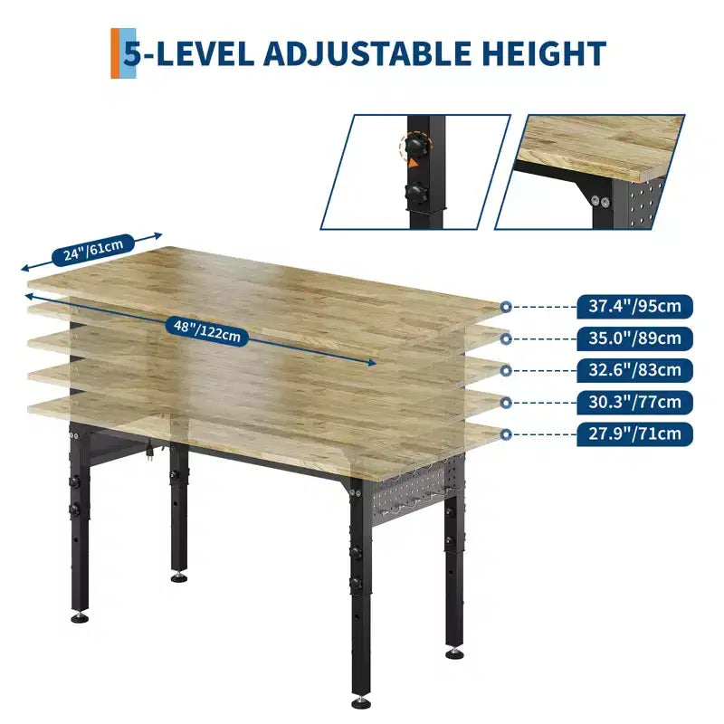COZONY Établi Robuste avec Prise de Courant, Plateau en Bois Réglable en Hauteur, Table de Travail Roulante pour Atelier de Garage