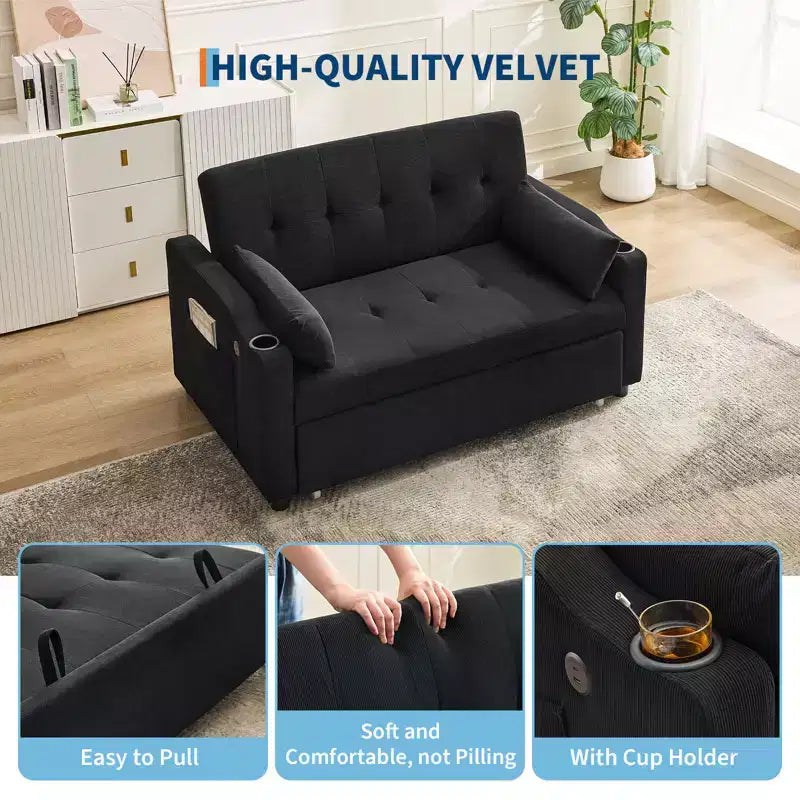 Canapé-lit convertible 3 en 1, canapé rembourré moderne, causeuse en velours côtelé avec lit gigogne, dossier réglable, pour salon