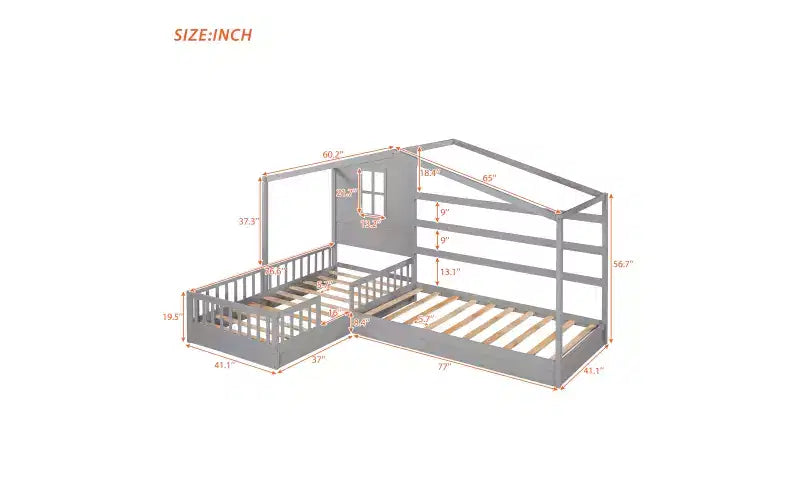 Lit en bois en forme de L taille jumeau pour 2 enfants, lit de jour d'angle en forme de L avec clôture et cadre à lattes pour chambre à coucher