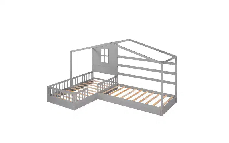 Lit en bois en forme de L taille jumeau pour 2 enfants, lit de jour d'angle en forme de L avec clôture et cadre à lattes pour chambre à coucher
