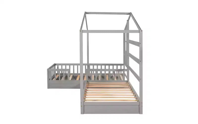 Lit en bois en forme de L taille jumeau pour 2 enfants, lit de jour d'angle en forme de L avec clôture et cadre à lattes pour chambre à coucher
