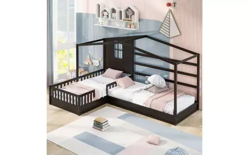 Lit en bois en forme de L taille jumeau pour 2 enfants, lit de jour d'angle en forme de L avec clôture et cadre à lattes pour chambre à coucher