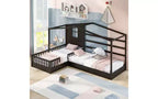 Lit en bois en forme de L taille jumeau pour 2 enfants, lit de jour d'angle en forme de L avec clôture et cadre à lattes pour chambre à coucher