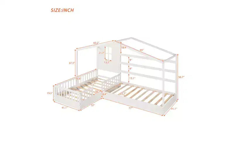 Lit en bois en forme de L taille jumeau pour 2 enfants, lit de jour d'angle en forme de L avec clôture et cadre à lattes pour chambre à coucher
