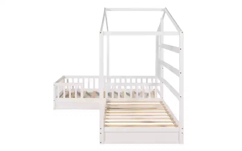 Lit en bois en forme de L taille jumeau pour 2 enfants, lit de jour d'angle en forme de L avec clôture et cadre à lattes pour chambre à coucher