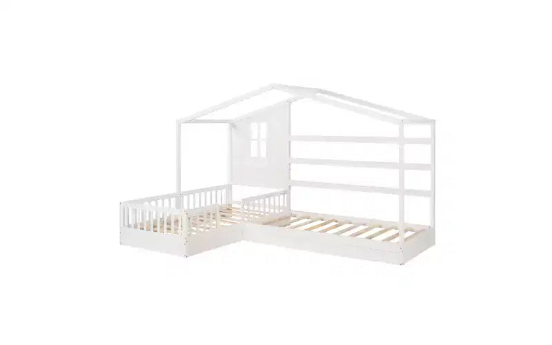 Lit en bois en forme de L taille jumeau pour 2 enfants, lit de jour d'angle en forme de L avec clôture et cadre à lattes pour chambre à coucher