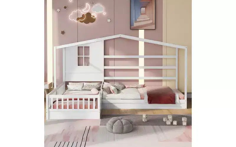 Lit en bois en forme de L taille jumeau pour 2 enfants, lit de jour d'angle en forme de L avec clôture et cadre à lattes pour chambre à coucher