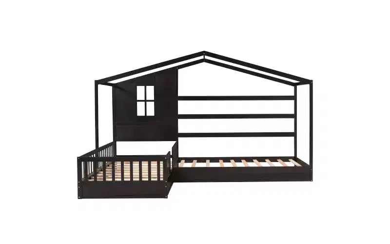 Lit en bois en forme de L taille jumeau pour 2 enfants, lit de jour d'angle en forme de L avec clôture et cadre à lattes pour chambre à coucher