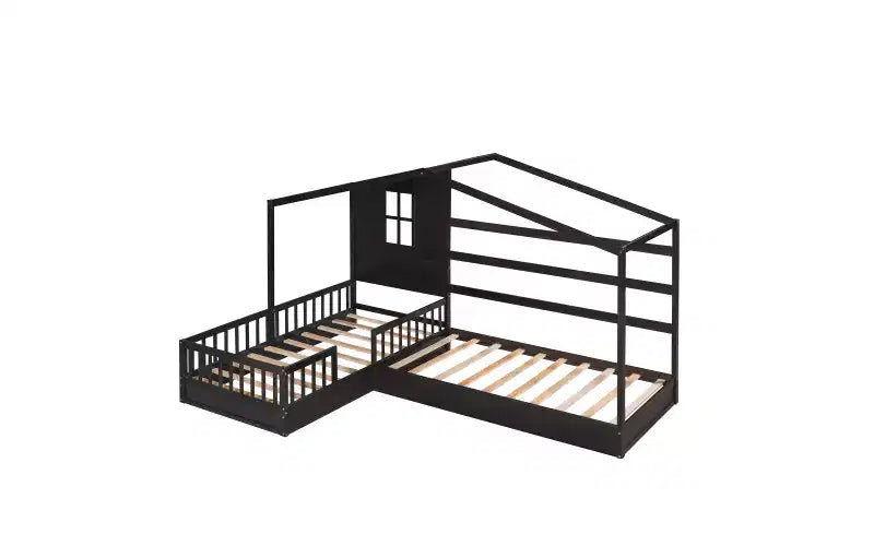 Lit en bois en forme de L taille jumeau pour 2 enfants, lit de jour d'angle en forme de L avec clôture et cadre à lattes pour chambre à coucher