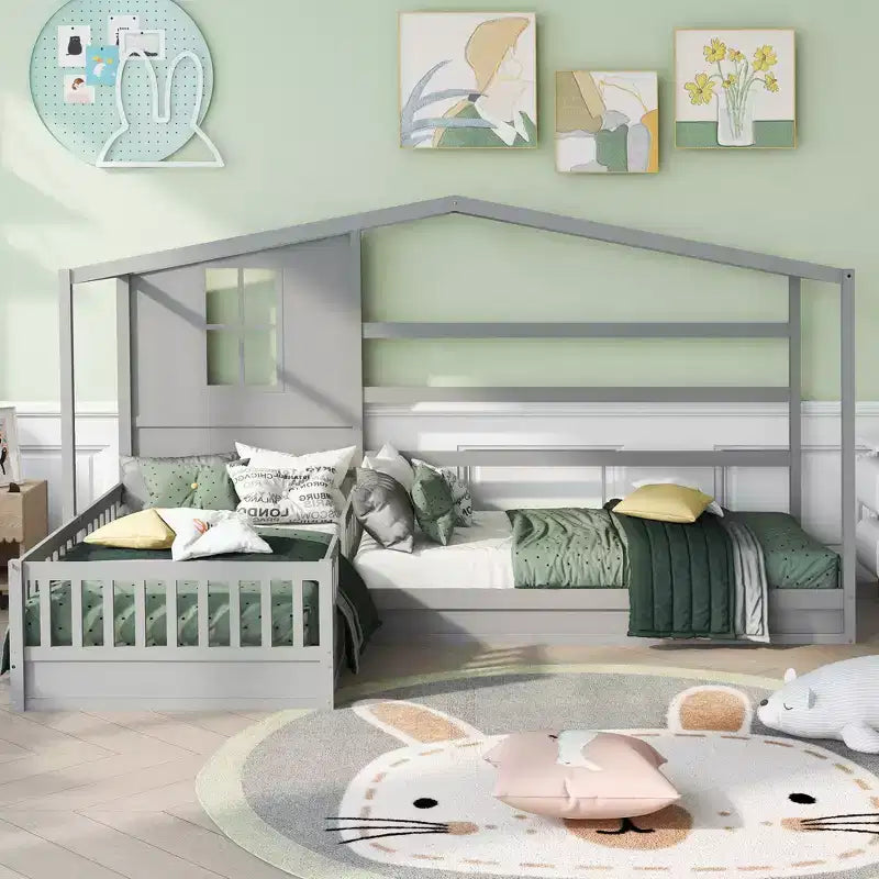 Lit en bois en forme de L taille jumeau pour 2 enfants, lit de jour d'angle en forme de L avec clôture et cadre à lattes pour chambre à coucher