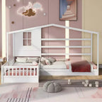 Lit en bois en forme de L taille jumeau pour 2 enfants, lit de jour d'angle en forme de L avec clôture et cadre à lattes pour chambre à coucher