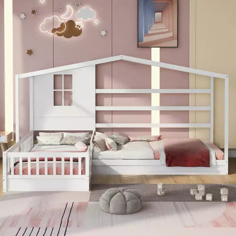 Lit en bois en forme de L taille jumeau pour 2 enfants, lit de jour d'angle en forme de L avec clôture et cadre à lattes pour chambre à coucher