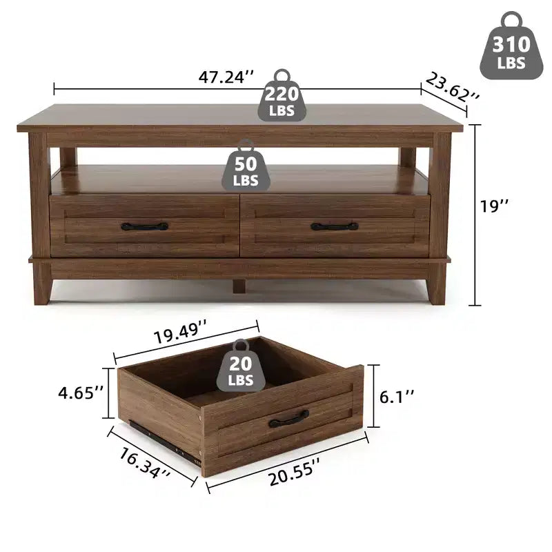 Table basse avec tiroirs, 120 cm, style campagnard, avec étagères ouvertes et 6 pieds de support.