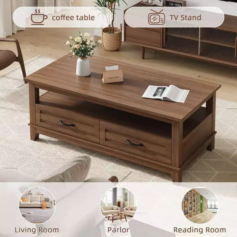 Table basse avec tiroirs, 120 cm, style campagnard, avec étagères ouvertes et 6 pieds de support.