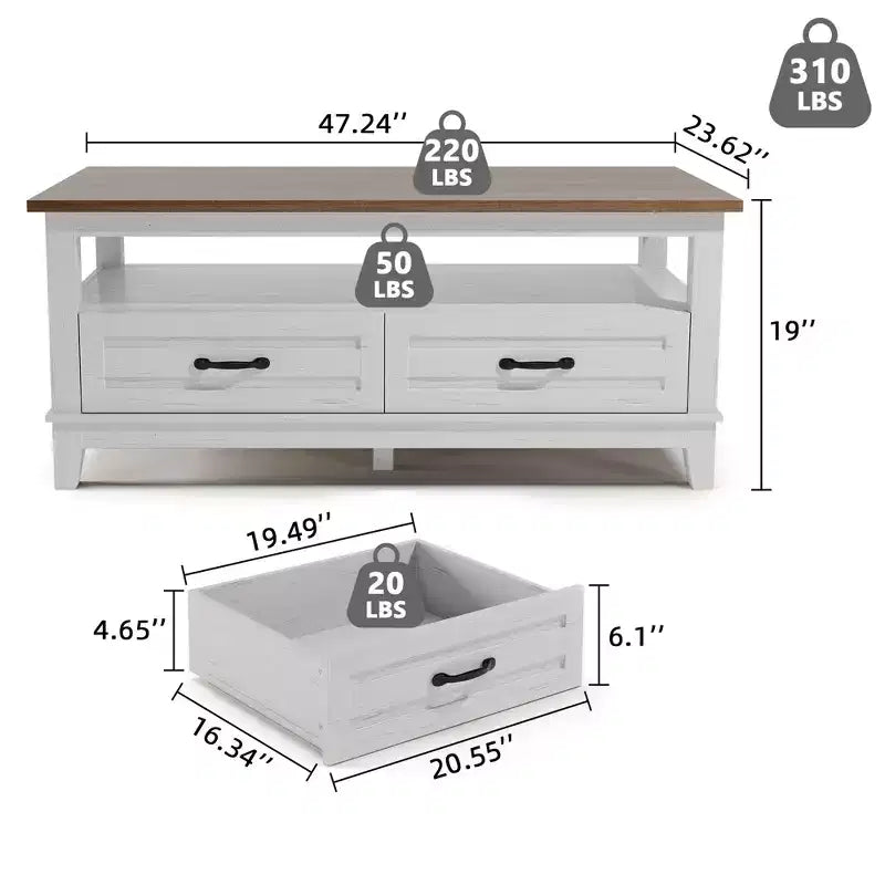 Table basse avec tiroirs, 120 cm, style campagnard, avec étagères ouvertes et 6 pieds de support.