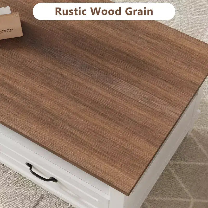 Table basse avec tiroirs, 120 cm, style campagnard, avec étagères ouvertes et 6 pieds de support.