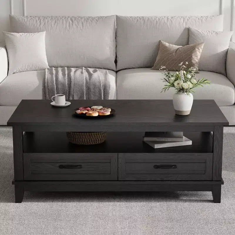 Table basse avec tiroirs, 120 cm, style campagnard, avec étagères ouvertes et 6 pieds de support.