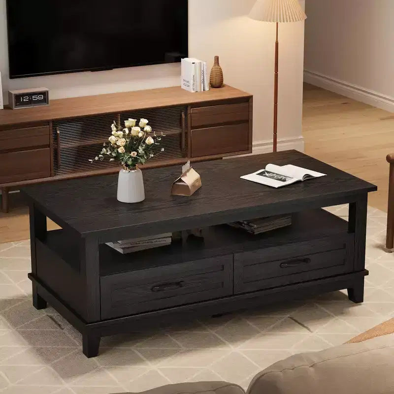 Table basse avec tiroirs, 120 cm, style campagnard, avec étagères ouvertes et 6 pieds de support.