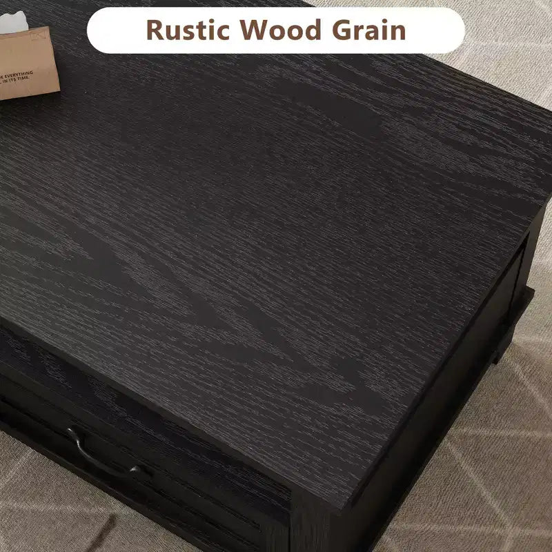 Table basse avec tiroirs, 120 cm, style campagnard, avec étagères ouvertes et 6 pieds de support.