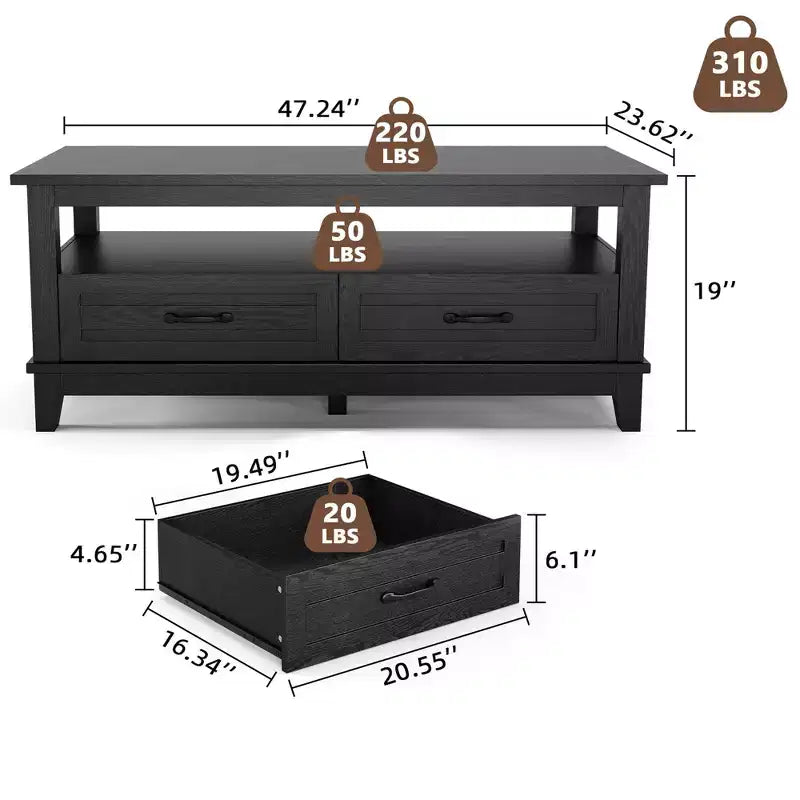 Table basse avec tiroirs, 120 cm, style campagnard, avec étagères ouvertes et 6 pieds de support.