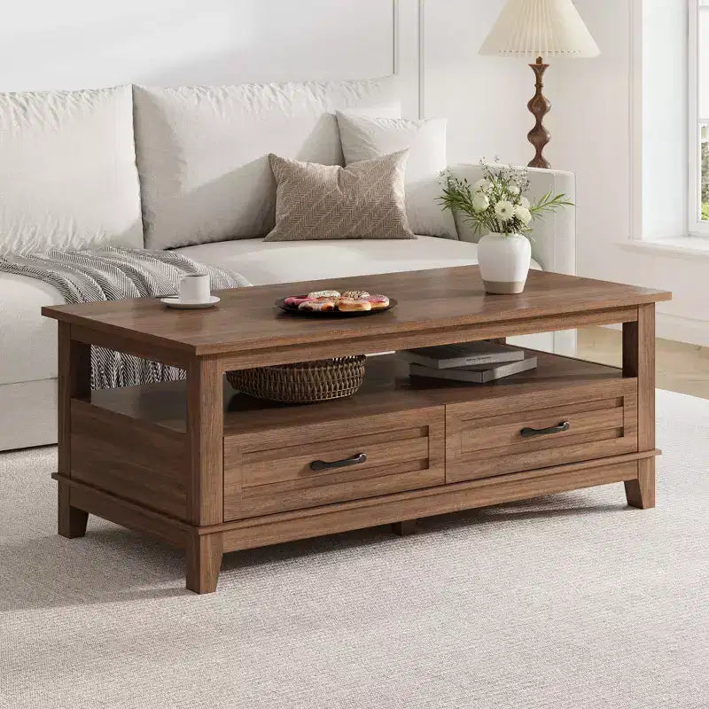 Table basse avec tiroirs, 120 cm, style campagnard, avec étagères ouvertes et 6 pieds de support.