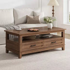 Table basse avec tiroirs, 120 cm, style campagnard, avec étagères ouvertes et 6 pieds de support.