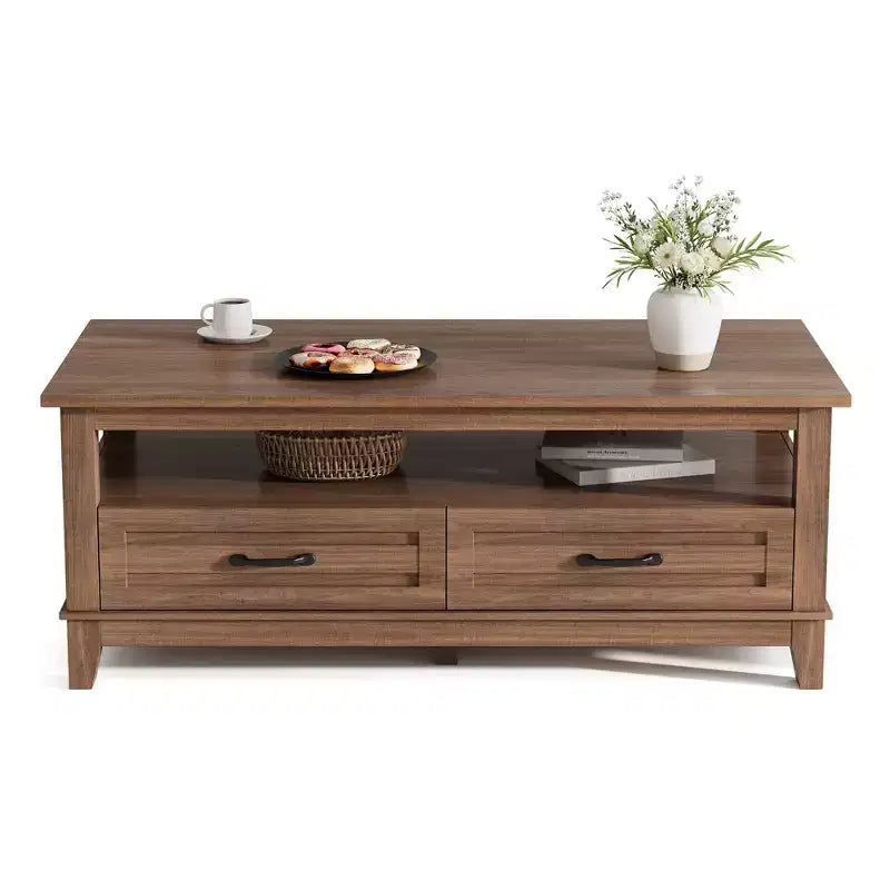 Table basse avec tiroirs, 120 cm, style campagnard, avec étagères ouvertes et 6 pieds de support.