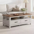 Table basse avec tiroirs, 120 cm, style campagnard, avec étagères ouvertes et 6 pieds de support.