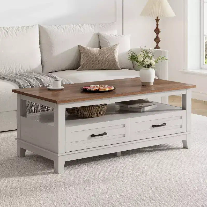 Table basse avec tiroirs, 120 cm, style campagnard, avec étagères ouvertes et 6 pieds de support.