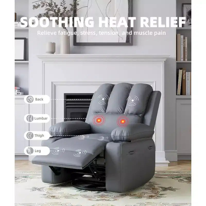 Fauteuil inclinable pivotant manuel surdimensionné GustoWave avec chauffage et massage, canapé inclinable pivotant rembourré en similicuir pour adultes