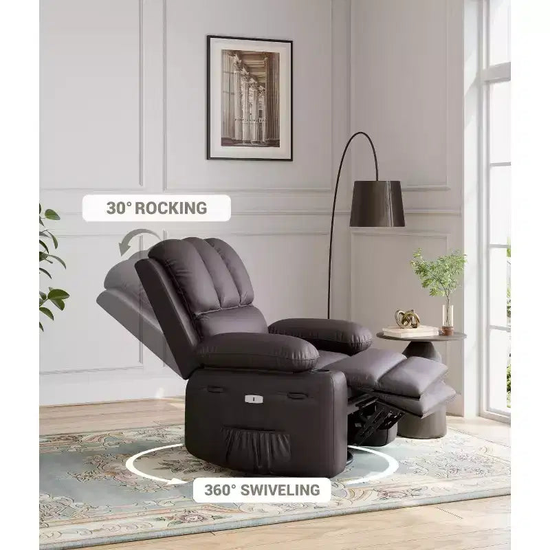 Fauteuil inclinable pivotant manuel surdimensionné GustoWave avec chauffage et massage, canapé inclinable pivotant rembourré en similicuir pour adultes