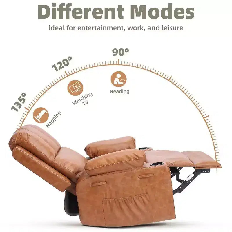Fauteuil inclinable pivotant manuel surdimensionné GustoWave avec chauffage et massage, canapé inclinable pivotant rembourré en similicuir pour adultes