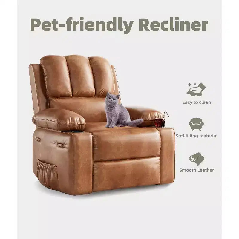 Fauteuil inclinable pivotant manuel surdimensionné GustoWave avec chauffage et massage, canapé inclinable pivotant rembourré en similicuir pour adultes