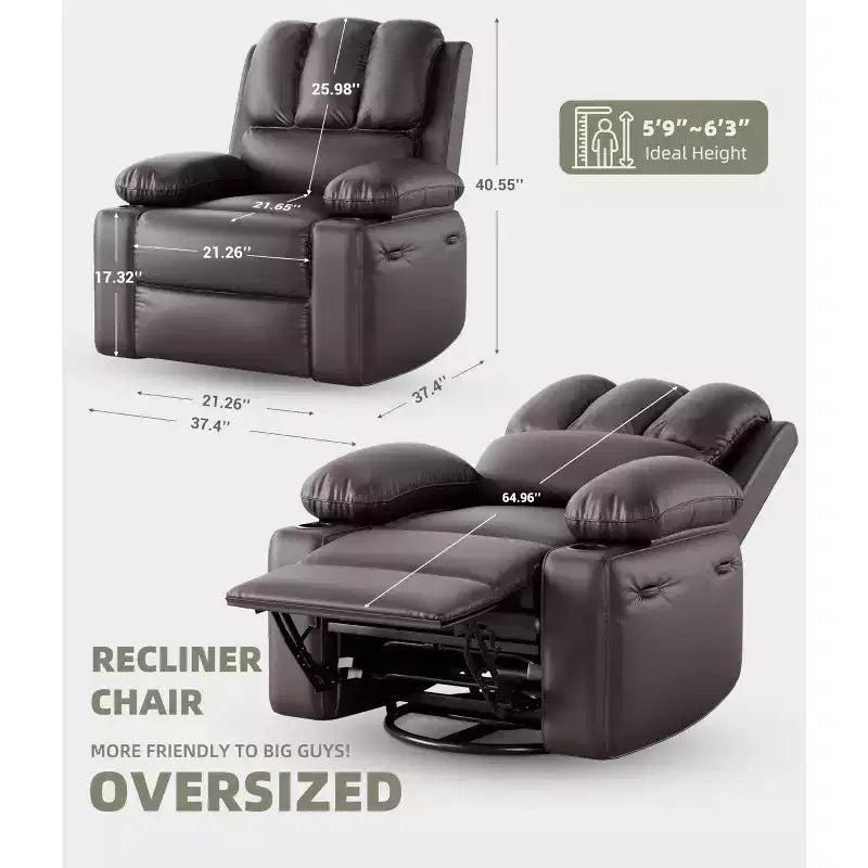 Fauteuil inclinable pivotant manuel surdimensionné GustoWave avec chauffage et massage, canapé inclinable pivotant rembourré en similicuir pour adultes