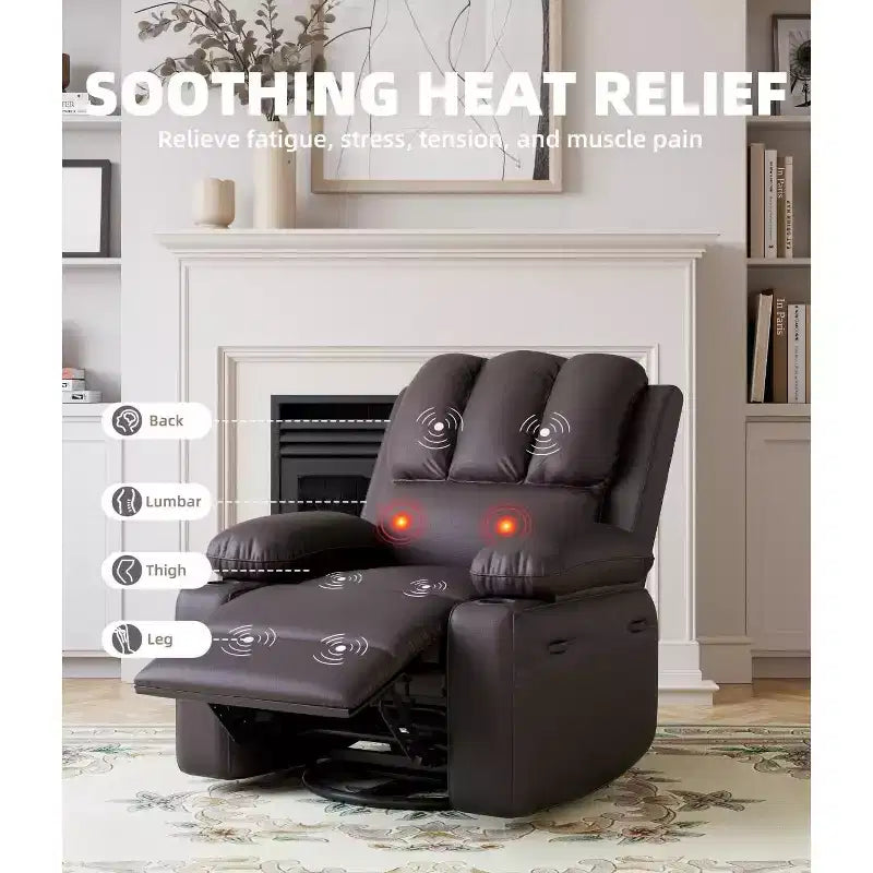 Fauteuil inclinable pivotant manuel surdimensionné GustoWave avec chauffage et massage, canapé inclinable pivotant rembourré en similicuir pour adultes