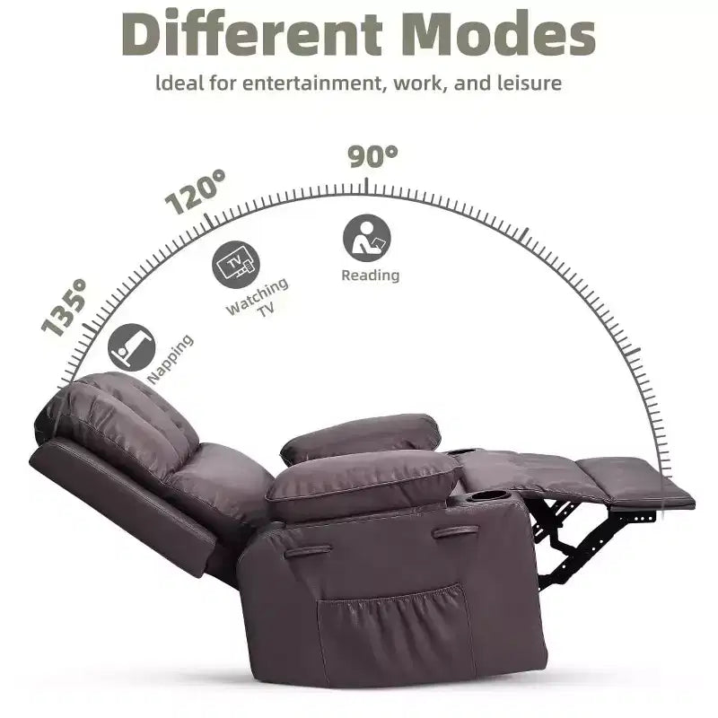 Fauteuil inclinable pivotant manuel surdimensionné GustoWave avec chauffage et massage, canapé inclinable pivotant rembourré en similicuir pour adultes