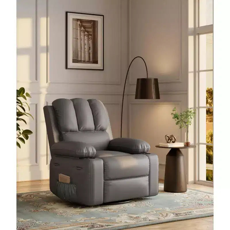 Fauteuil inclinable pivotant manuel surdimensionné GustoWave avec chauffage et massage, canapé inclinable pivotant rembourré en similicuir pour adultes