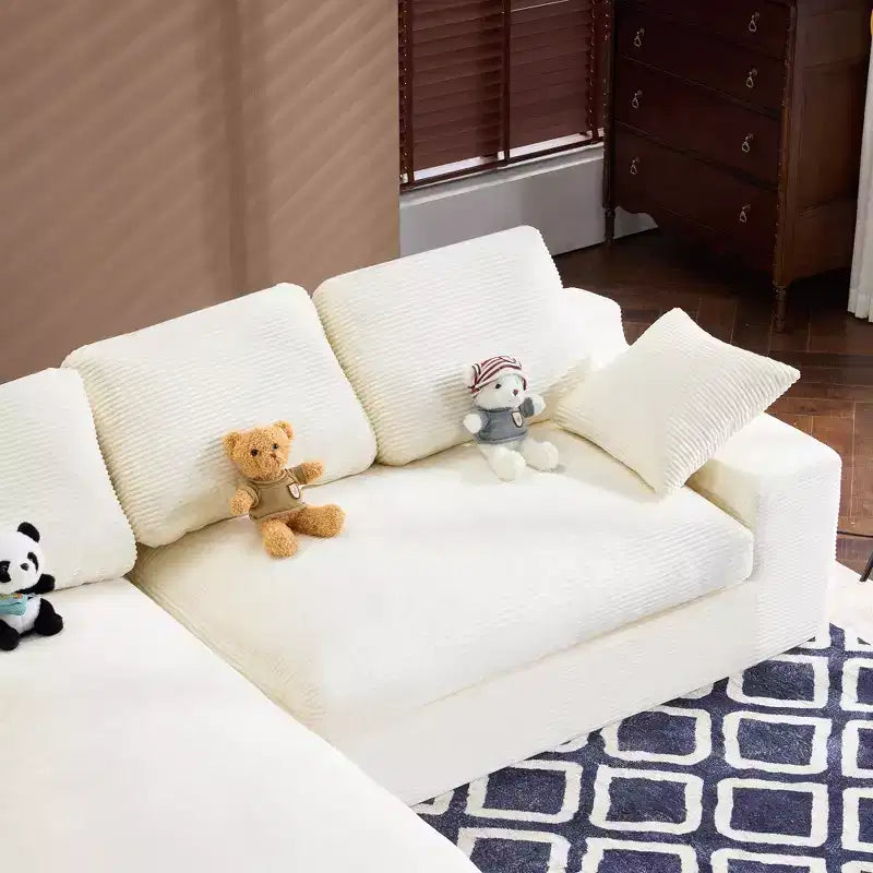 Canapé confortable en velours côtelé blanc avec 5 coussins – L'indispensable du salon douillet