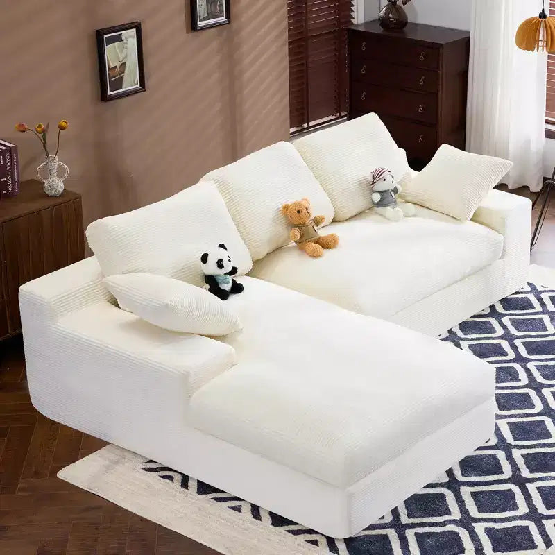 Canapé confortable en velours côtelé blanc avec 5 coussins – L'indispensable du salon douillet