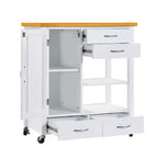 Chariot d'îlot de cuisine Okak avec porte vitrée, chariot de cuisine avec 4 tiroirs, 1 étagère et porte-serviettes, organiseur de comptoir pour salle à manger, blanc + chêne