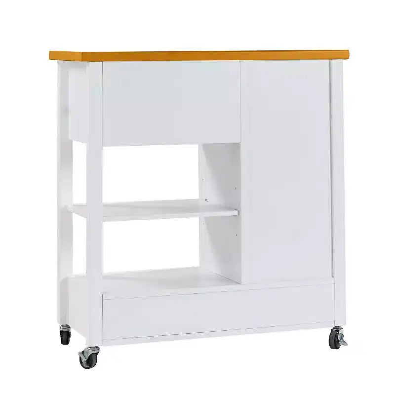 Chariot d'îlot de cuisine Okak avec porte vitrée, chariot de cuisine avec 4 tiroirs, 1 étagère et porte-serviettes, organiseur de comptoir pour salle à manger, blanc + chêne
