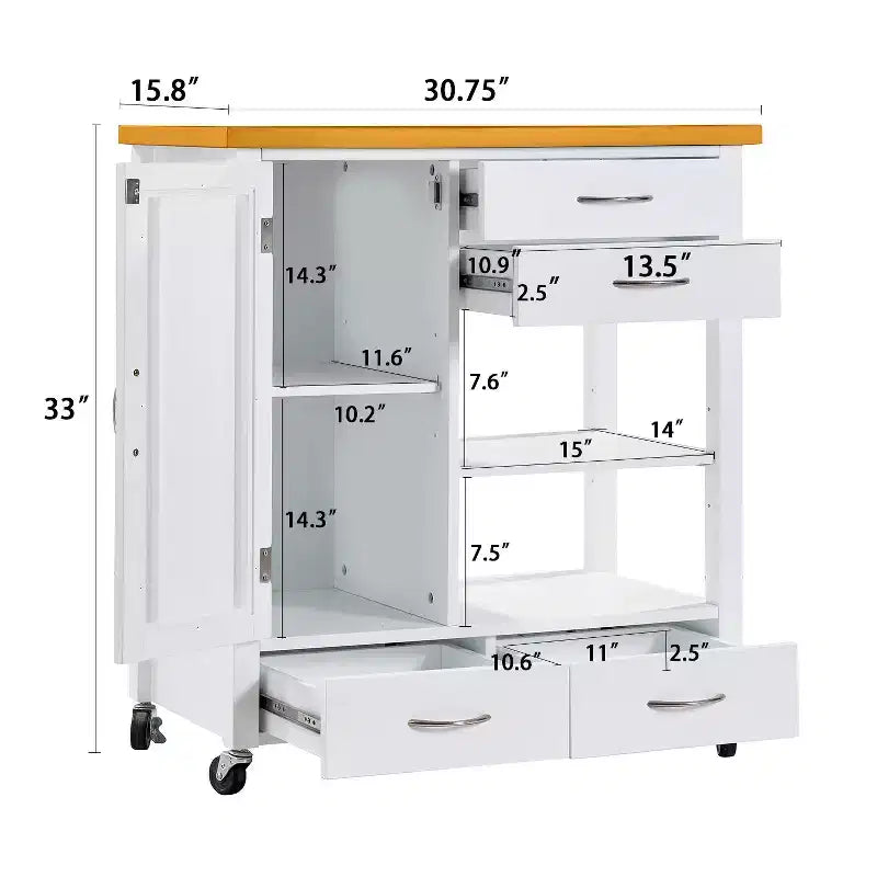 Chariot d'îlot de cuisine Okak avec porte vitrée, chariot de cuisine avec 4 tiroirs, 1 étagère et porte-serviettes, organiseur de comptoir pour salle à manger, blanc + chêne