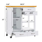 Chariot d'îlot de cuisine Okak avec porte vitrée, chariot de cuisine avec 4 tiroirs, 1 étagère et porte-serviettes, organiseur de comptoir pour salle à manger, blanc + chêne