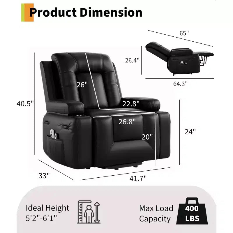 Fauteuil inclinable électrique avec fonctions de chauffage et de massage, en cuir PU, conçu pour les personnes âgées et à mobilité réduite