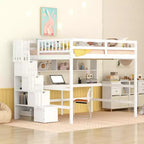 Lit mezzanine MAYEERTY pleine grandeur avec bureau intégré, étagères et escalier de rangement, blanc pour chambre à coucher