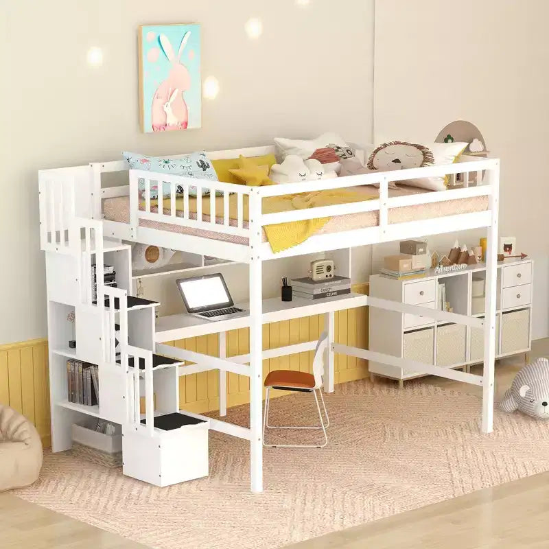 Lit mezzanine MAYEERTY pleine grandeur avec bureau intégré, étagères et escalier de rangement, blanc pour chambre à coucher