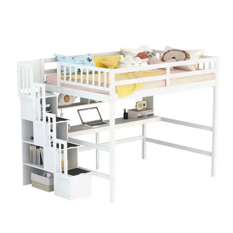 Lit mezzanine MAYEERTY pleine grandeur avec bureau intégré, étagères et escalier de rangement, blanc pour chambre à coucher